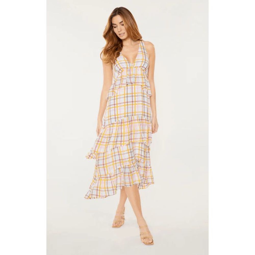 NWT CINQ À SEPT Astor Sleeveless Tiered Plaid Maxi Dress in Size 10 White Multi